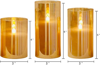 Xergy Glass Battery Operated Flameless Led Candles with 10-Key Remote and Timer, Real Wax Candles Flickering Light for Decoration(Set of 3) (Gold)