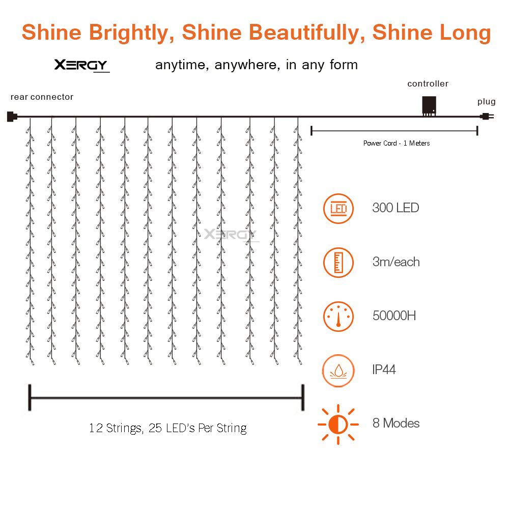 Curtain Light 300 LED with 8 Modes 3x3mtr (Pack of 1)
