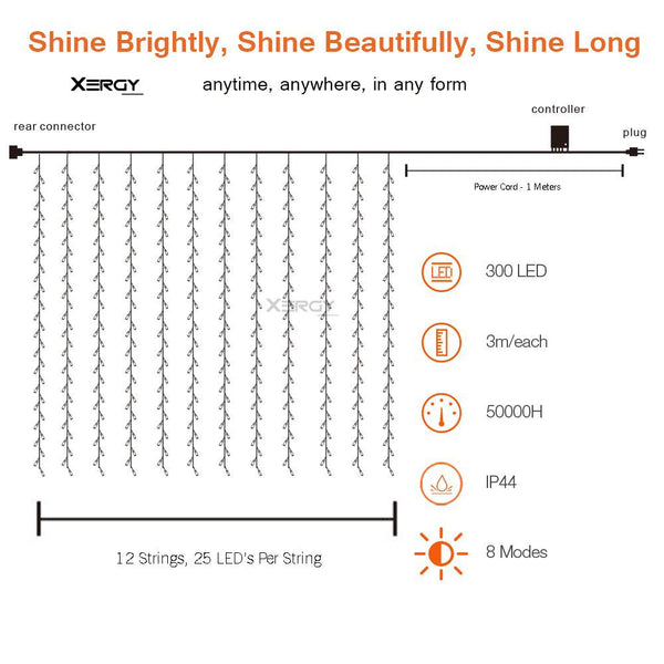 Curtain Light 300 LED with 8 Modes 3x3 (Pack of 1)