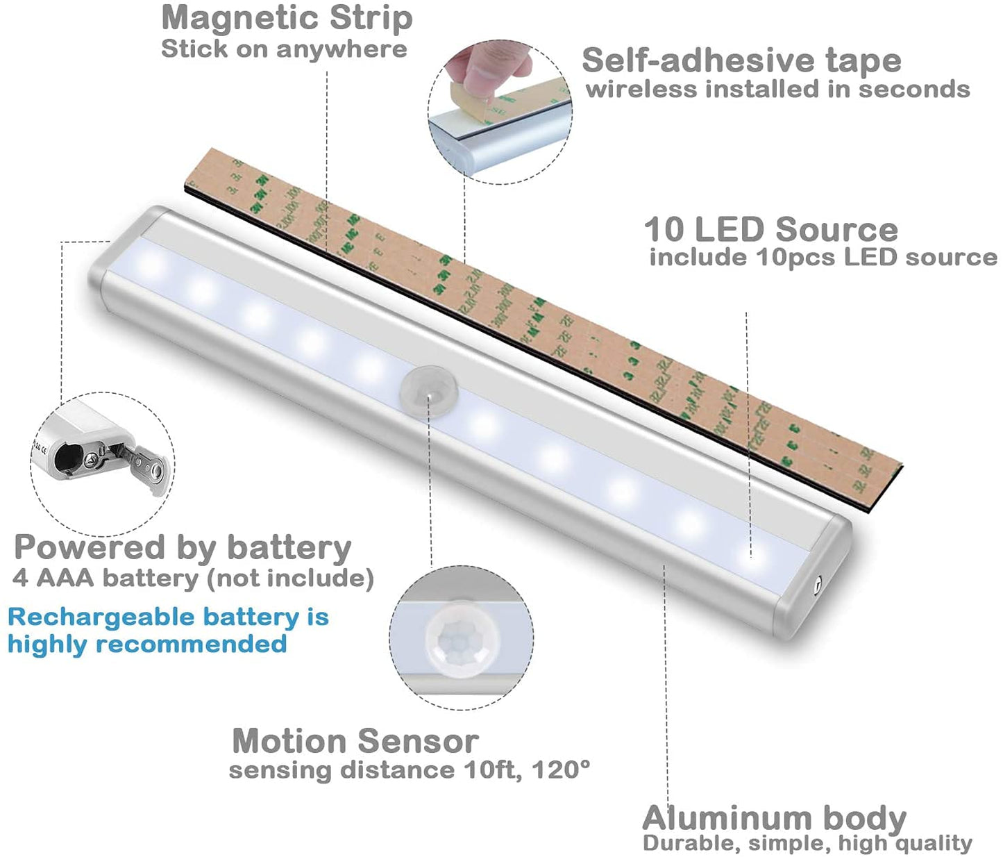 Xergy Motion Sensor Closet Lights, 10 Led Battery Powered Lights Led Under Cabinet Lighting Wireless Under Counter Light, Stick On Lights Motion,White