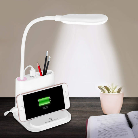 Rechargeable Desk Lamp Multifunctional LED Table Lamp with Pen Container and Mobile Phone Holder/Charger (White)