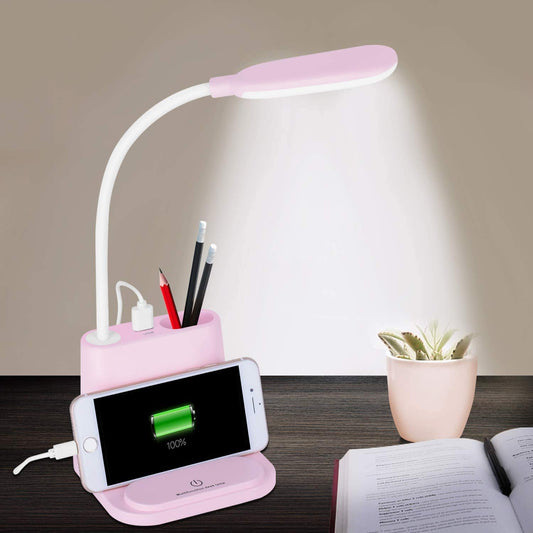 Rechargeable Desk Lamp Multifunctional LED Table Lamp with Pen Container and Mobile Phone Holder/Charger (Pink)