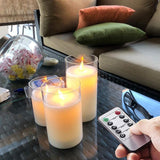 Xergy Glass Battery Operated Flameless Led Candles with 10-Key Remote and Timer, Real Wax Candles Warm White Flickering Light ,(Set of 3) (White)