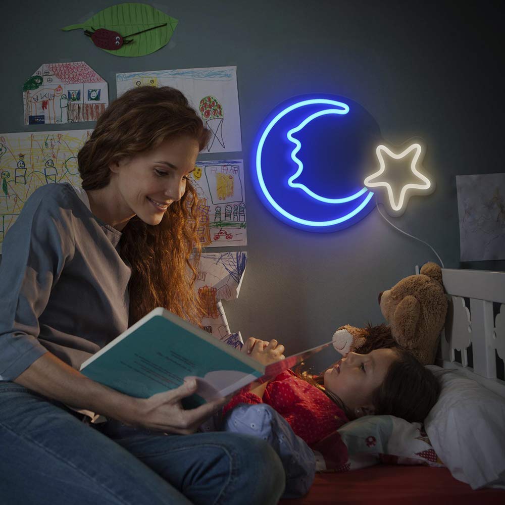 Moon Star Shaped Neon Wall Light - ( Blue & White )