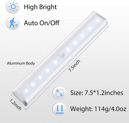 Xergy Motion Sensor Closet Lights, 10 Led Battery Powered Lights Led Under Cabinet Lighting Wireless Under Counter Light, Stick On Lights Motion,White