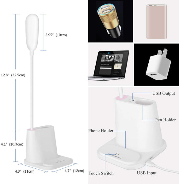 Rechargeable Desk Lamp Multifunctional LED Table Lamp with Pen Container and Mobile Phone Holder/Charger (White)