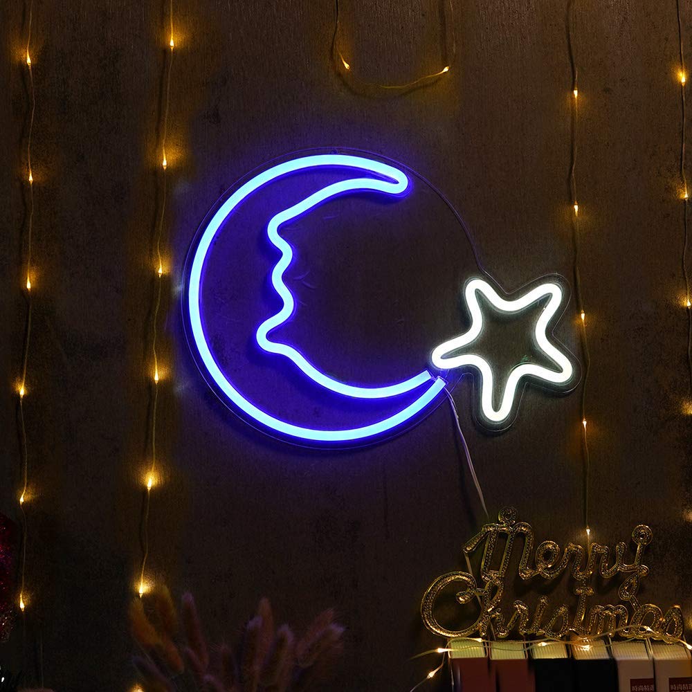 Moon Star Shaped Neon Wall Light - ( Blue & White )