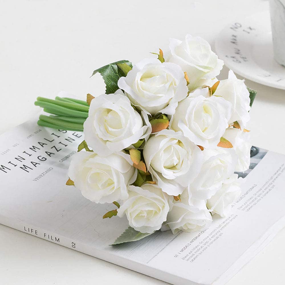 Faux Silk Artificial Rose Flower - White ( (10 inch, Pack of 12 Flower Bunch)