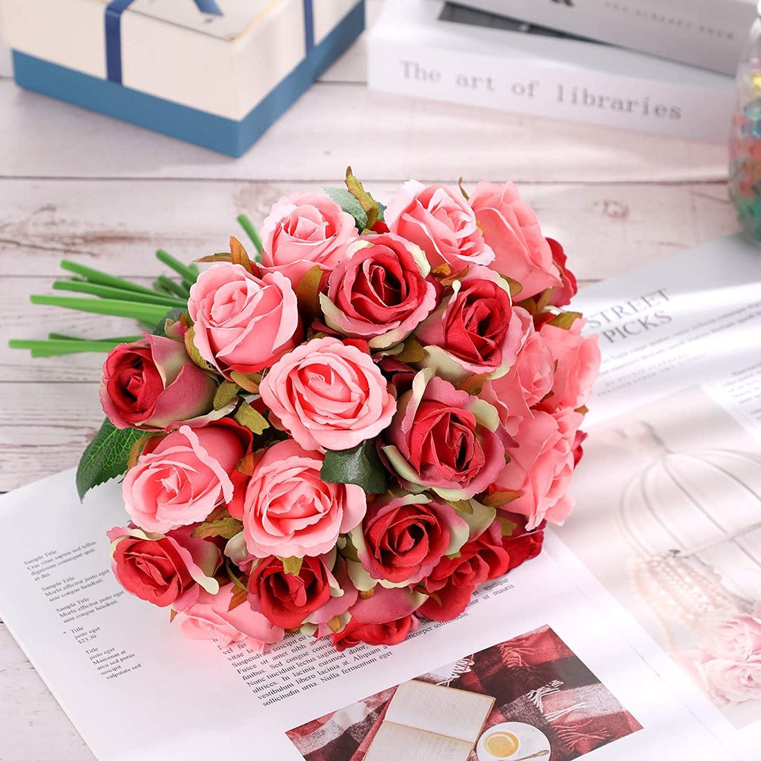 Artificial Faux Silk Rose Flower - Peach Pink and Red (  (10 inch, Pack of 12 Flower Bunch)