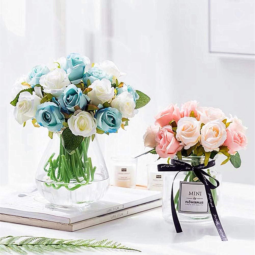 HomeXo 12 Pcs Rose Flowers Artificial Faux Silk Roses Height 10.6" Blue and White  Color ,12 pcs  Leaves and Stems Real Looking Roses for Vases DIY Bouquets (Blue,White)