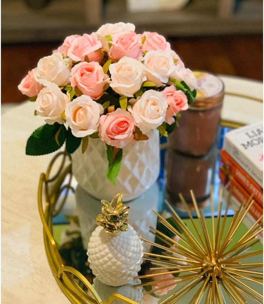 Artificial Faux Silk Rose Flower - Pink, Craem & White (10.6 inch, Pack of 12 Flower Bunch)