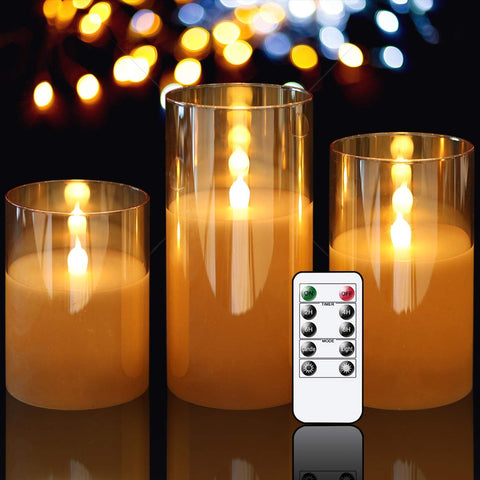 Xergy Glass Battery Operated Flameless Led Candles with 10-Key Remote and Timer, Real Wax Candles Flickering Light for Decoration(Set of 3) (Gold)