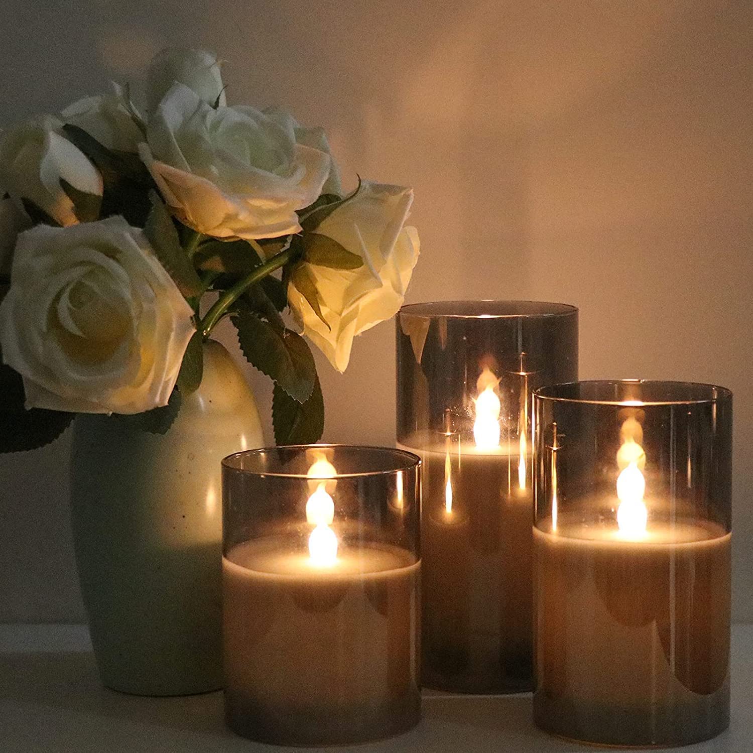 Acrylic Glass Battery Operated Flameless Led Candles With Remote (Set of 3, Grey)