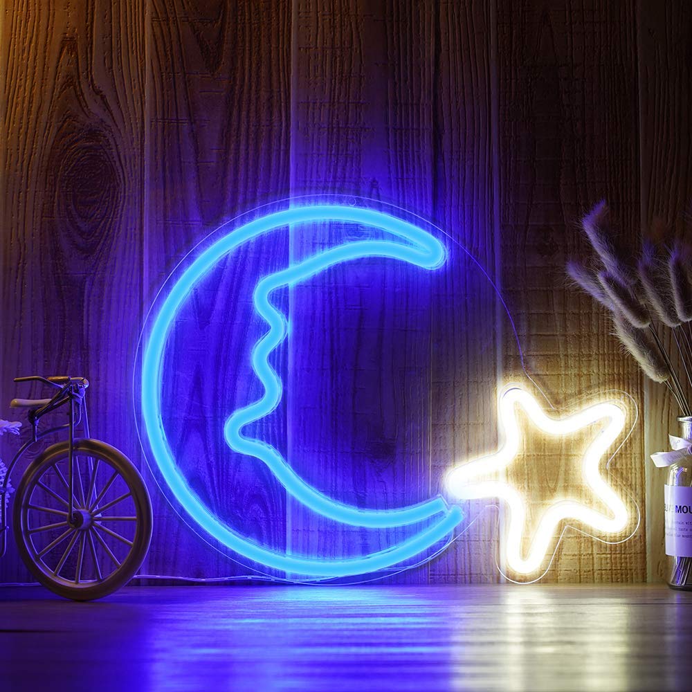 Moon Star Shaped Neon Wall Light - ( Blue & White )