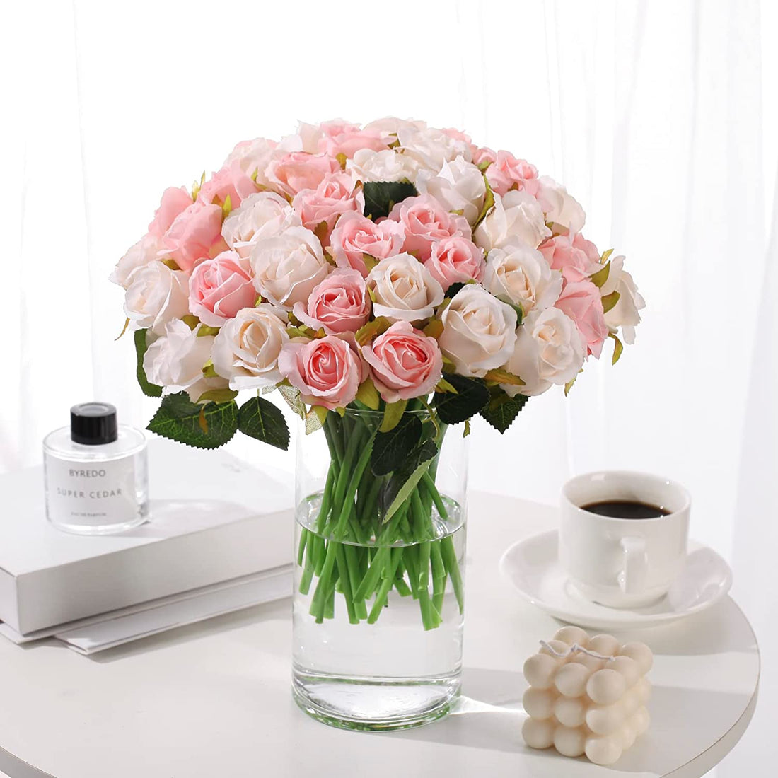 Artificial Faux Silk Rose Flower - Pink, Craem & White (10.6 inch, Pack of 12 Flower Bunch)