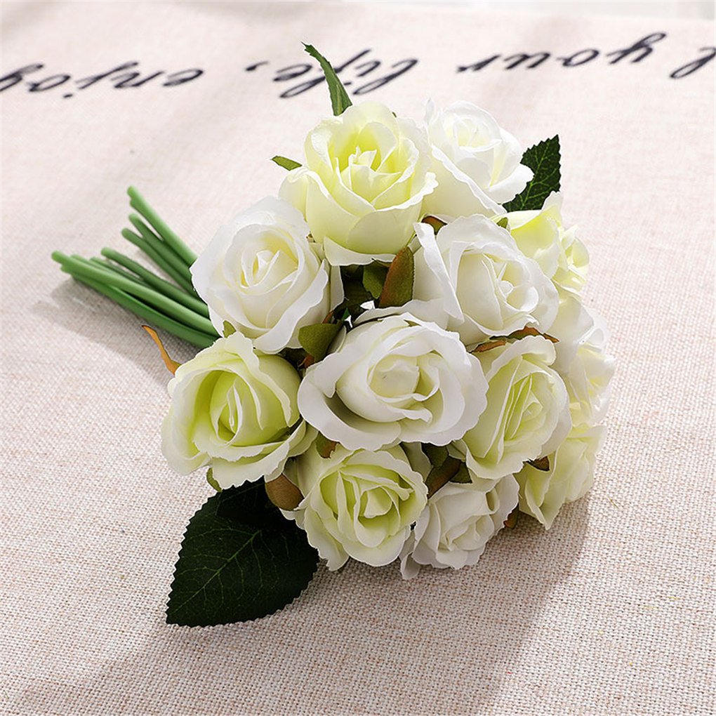 Artificial Faux Silk Rose Flower- White & Green  (10.6 inch, Pack of 12pc Flower Bunch)
