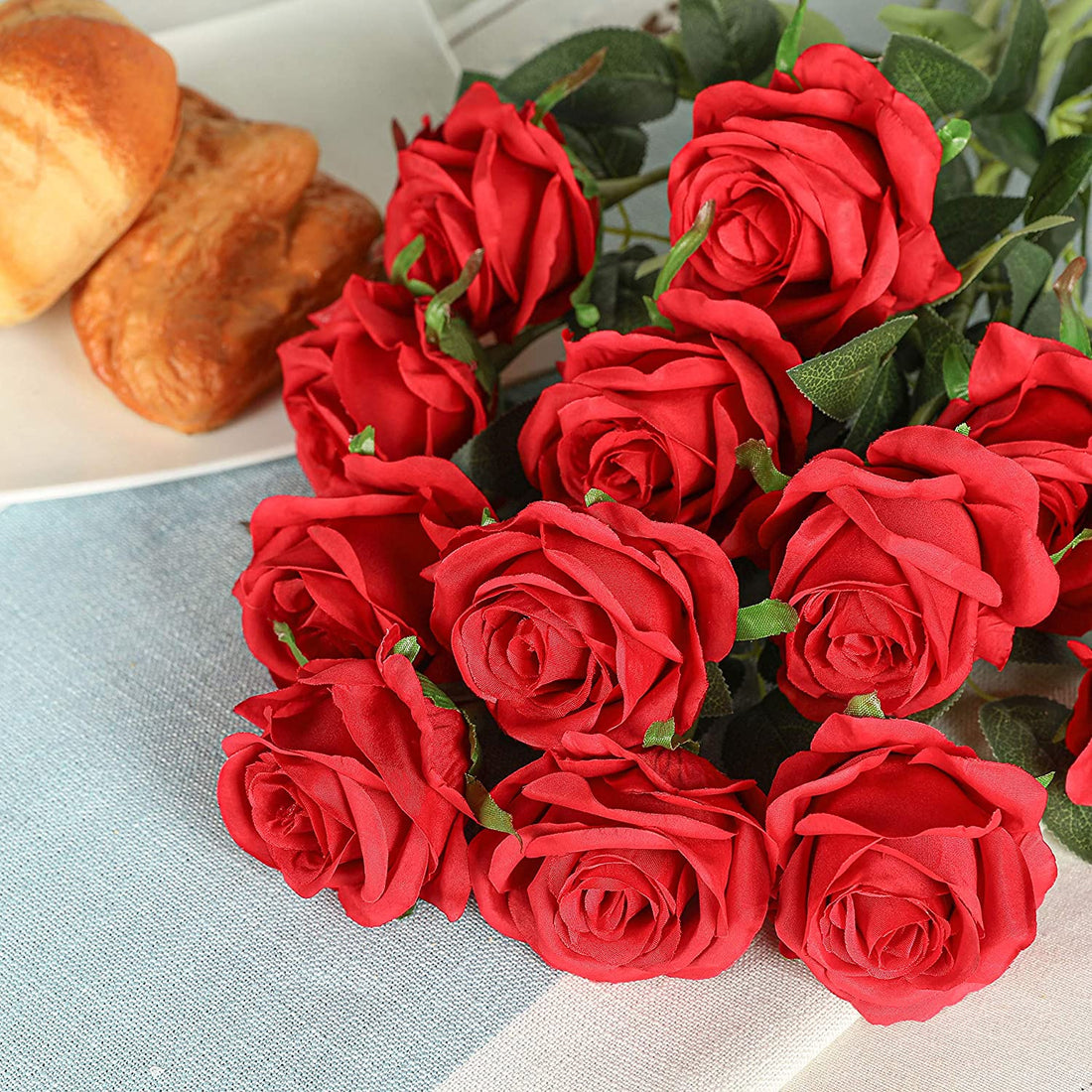 Artificial Faux Silk Rose Flowers - Red (10.6 inch, Pack of 12 Flower Bunch)