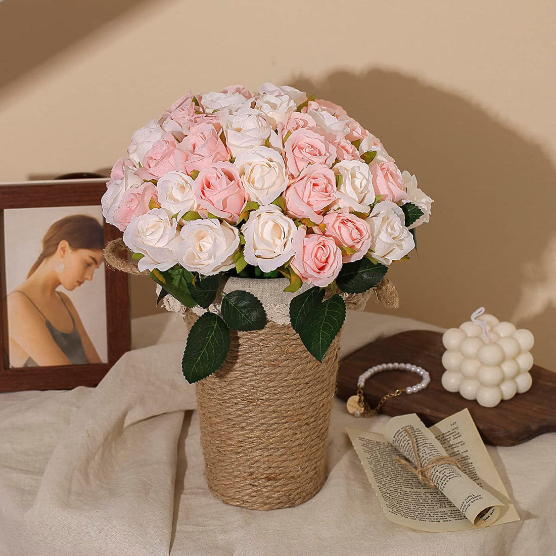 Artificial Faux Silk Rose Flower - Pink, Craem & White (10.6 inch, Pack of 12 Flower Bunch)