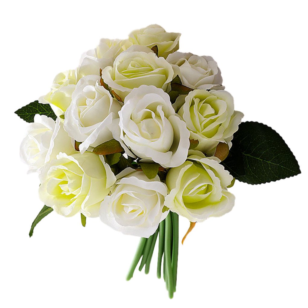 Artificial Faux Silk Rose Flower- White & Green  (10.6 inch, Pack of 12pc Flower Bunch)