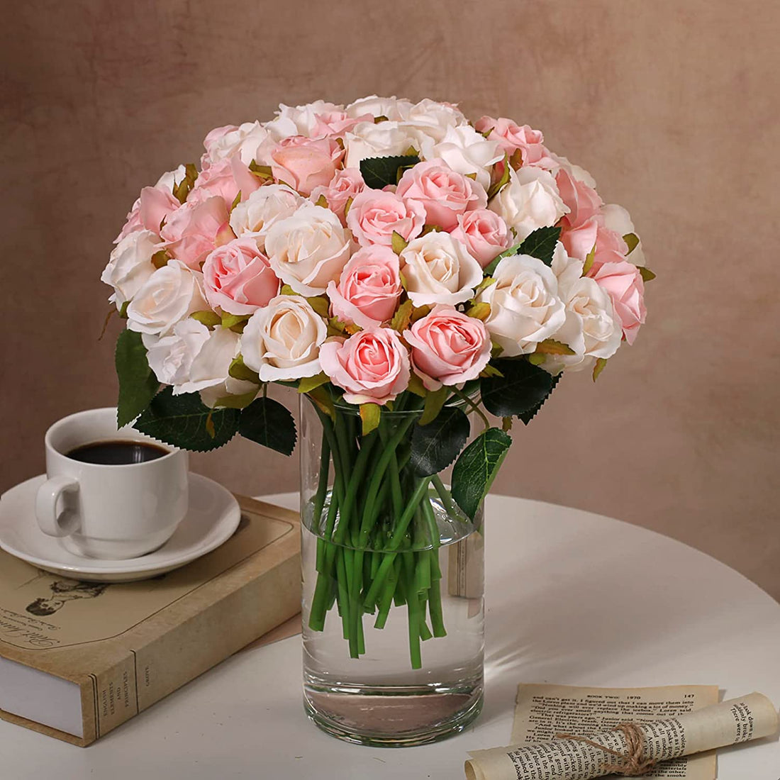 Artificial Faux Silk Rose Flower - Pink, Craem & White (10.6 inch, Pack of 12 Flower Bunch)
