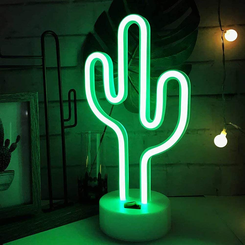 Neon Light Cactus Shaped Green Color with Holder Base (Pack of 1)