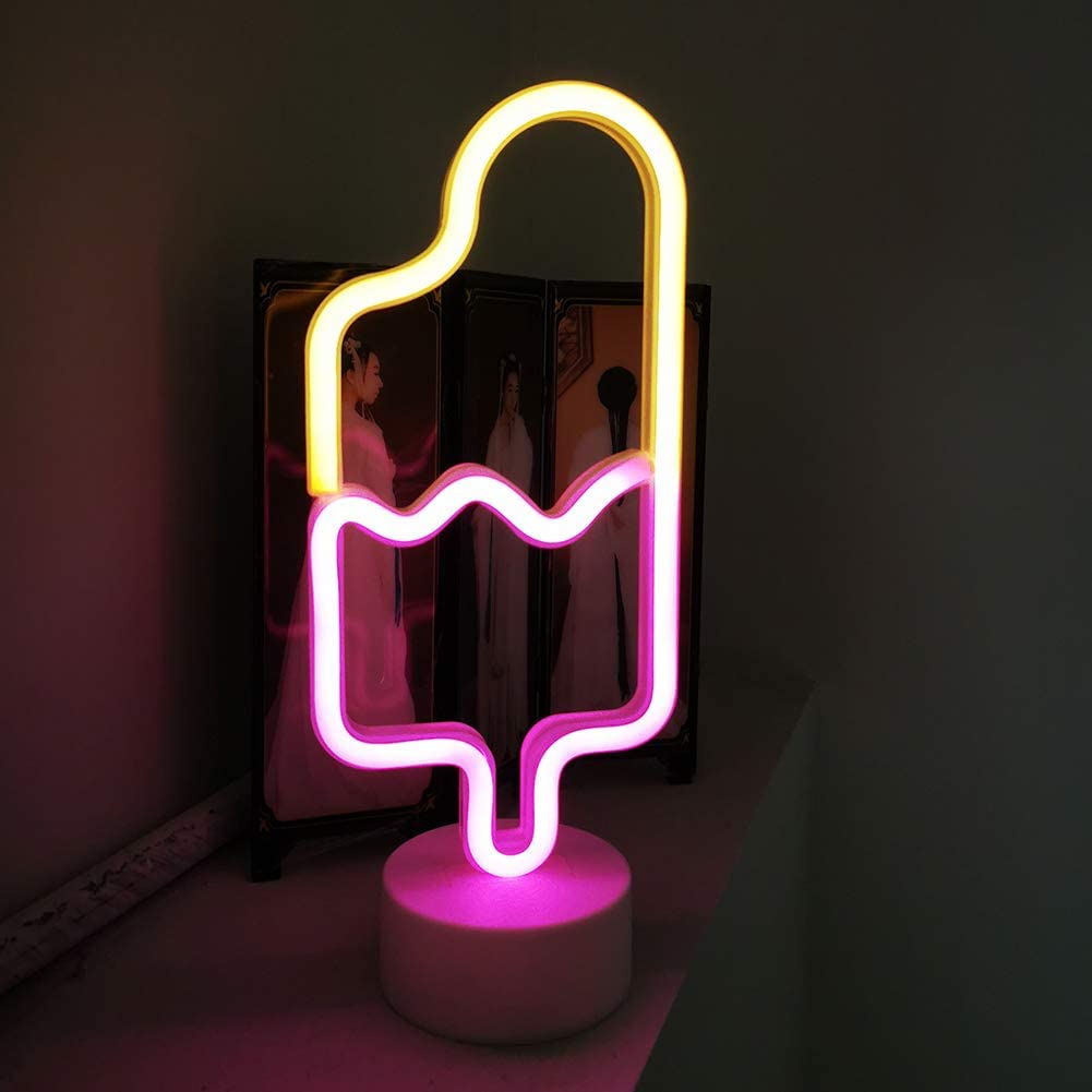 Neon Light ICE CREAM Shaped Warm White & Pink Color with Holder Base (Pack of 1)