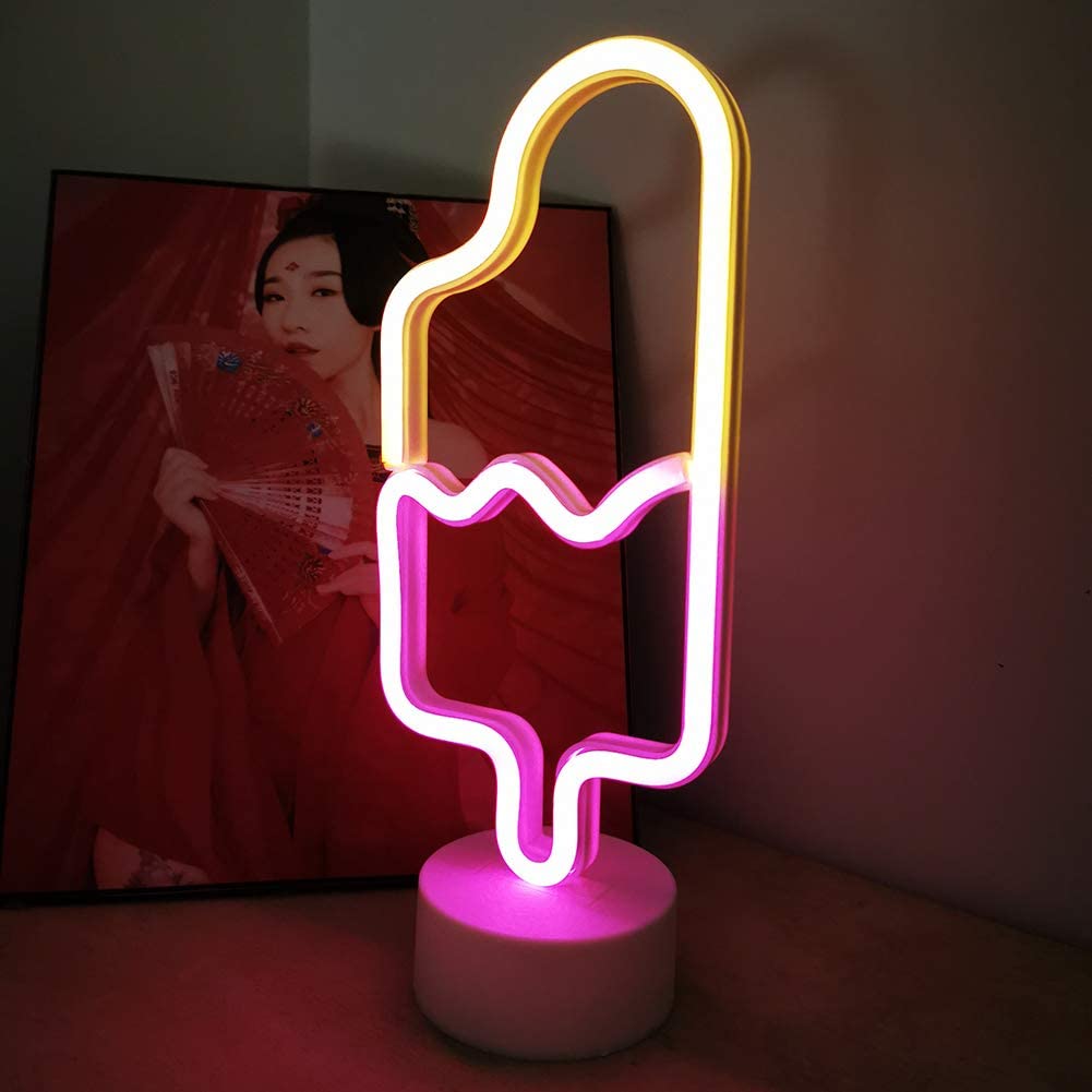 Neon Light ICE CREAM Shaped Warm White & Pink Color with Holder Base (Pack of 1)